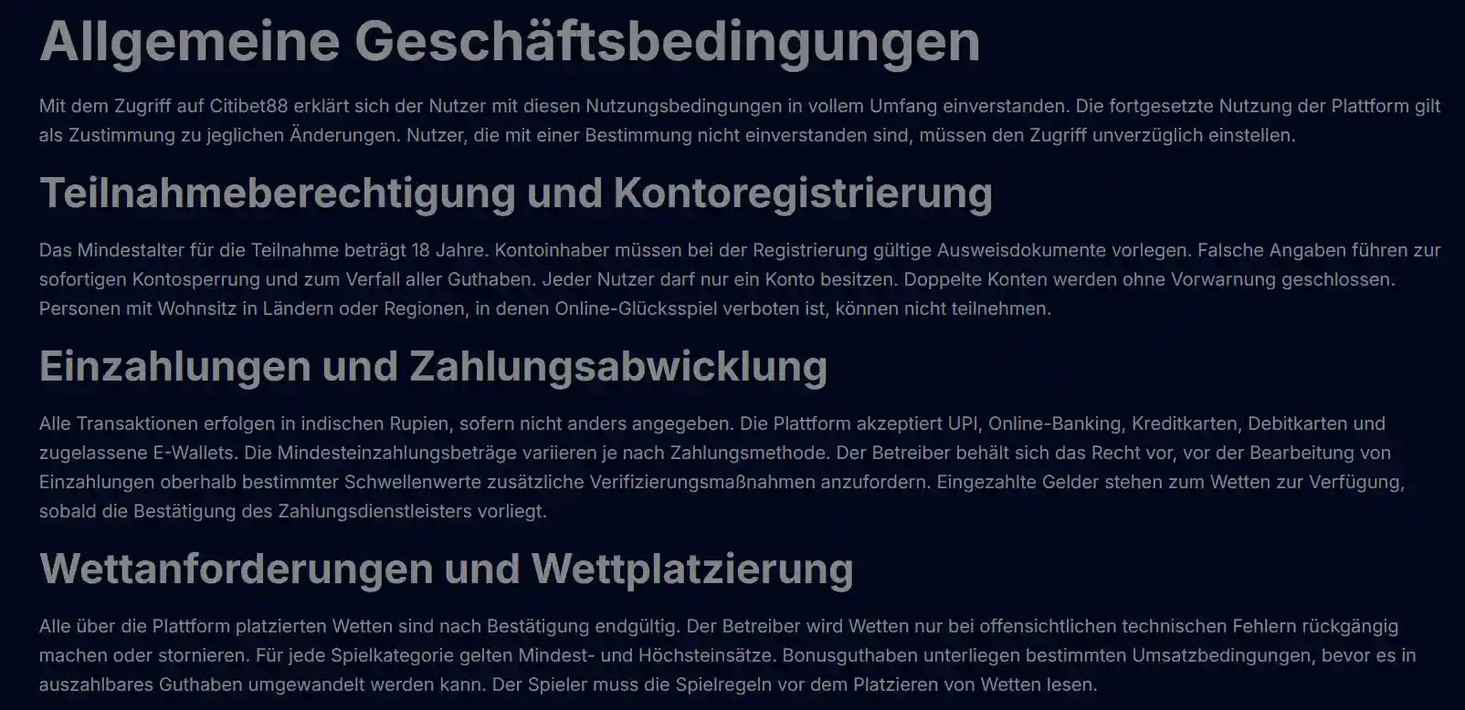 Auszahlungsbedingungen von Citibet88 mit Hinweisen auf Prüfung und Bearbeitungsdauer.