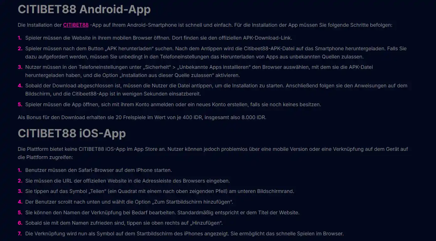 App-Seite von Citibet88 mit Informationen zur Android-APK und mobilen Nutzung.