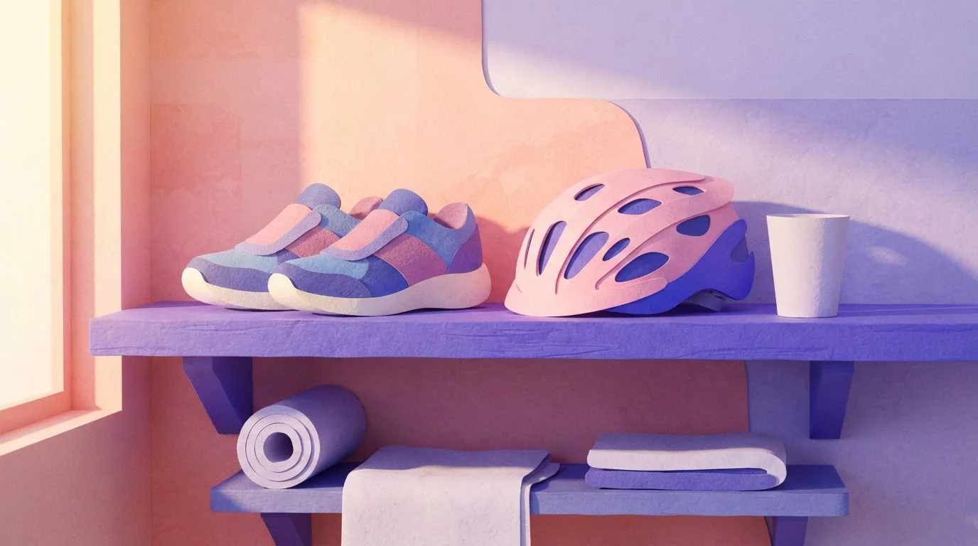 Laufschuhe auf einem Regal neben Fahrradhelm und Trinkbecher bei Tageslicht.
