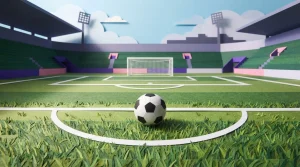 Fußball auf dem Elfmeterpunkt eines leeren Fußballfeldes bei ruhigem Tageslicht.