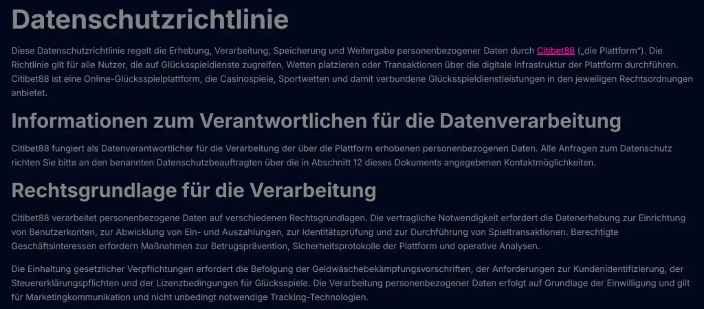 Abschnitt der Citibet88-Datenschutzrichtlinie zu Einzahlungslimits und Selbstausschlussmöglichkeiten.