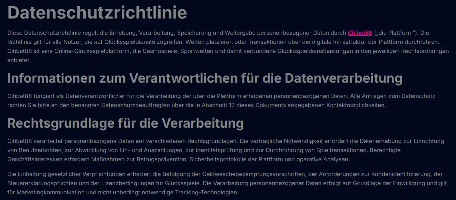 Abschnitt der Citibet88-Datenschutzrichtlinie zu Einzahlungslimits und Selbstausschlussmöglichkeiten.
