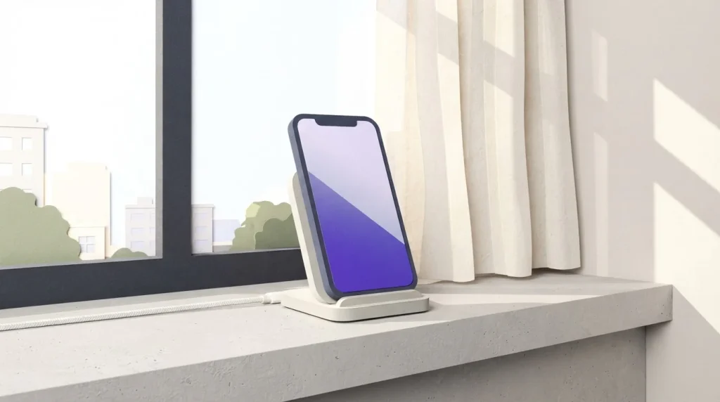 Smartphone auf einer Ladestation neben einem Fenster.